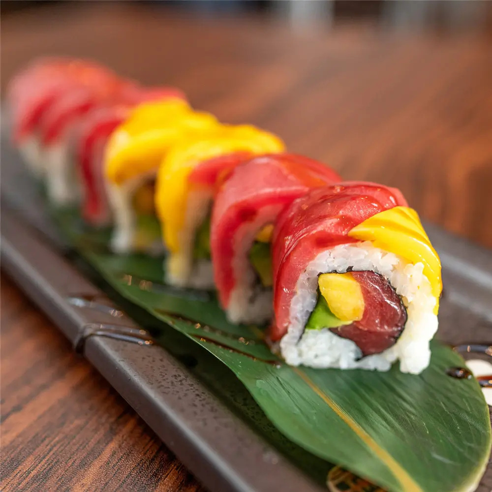 MJ-Sushi-Palo-Alto-Japanese-restaurant-Tuna-Mango-Sushi-CA Tuna Mango Sushi combines sushi rolls with layers of fresh tuna and mango slices at MJ Sushi - Palo Alto, a Japanese restaurant in CA