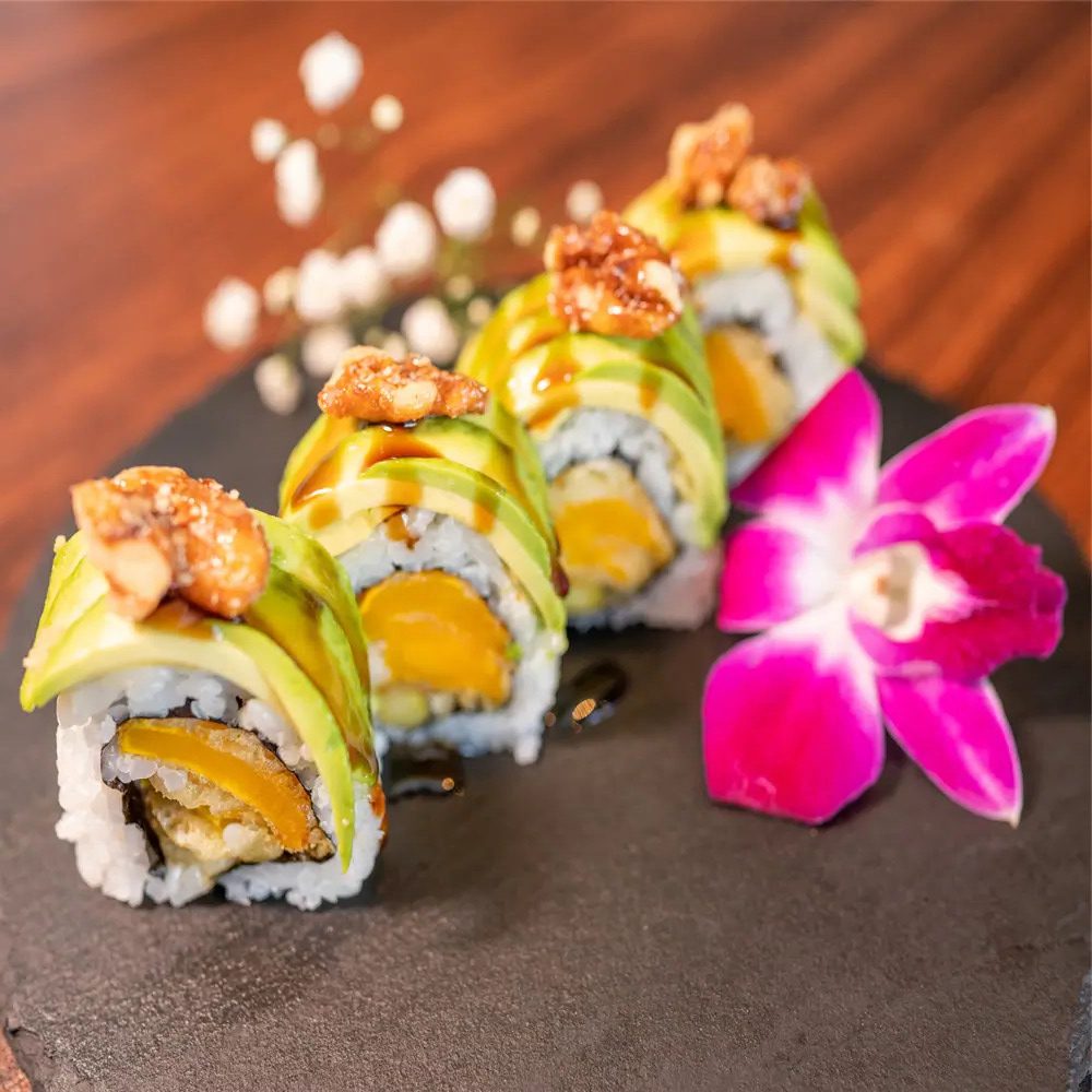 MJ-Sushi-Palo-Alto-Japanese-restaurant-Avocado-Mango-Walnut-Sush-CA Avocado Mango Walnut Sushi features sushi rolls topped with avocado slices, mango pieces at MJ Sushi - Palo Alto, a Japanese restaurant in CA