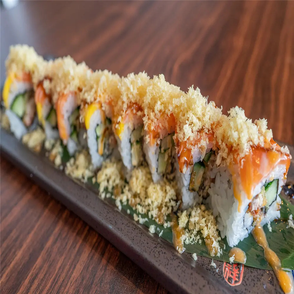 MJ-Sushi-Palo-Alto-Japanese-restaurant-Salmon-Crispy-Flake-Sushi-CA Salmon Crispy Flake Sushi is made with sushi rolls topped with salmon slices and crispy flake at MJ Sushi - Palo Alto, a Japanese restaurant in CA